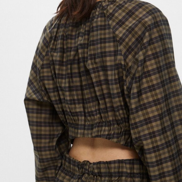 H&M Khaki Black Plaid Check Print Puff Long Sleeve Cut Out Back Midi Dress - Picture 4 of 5